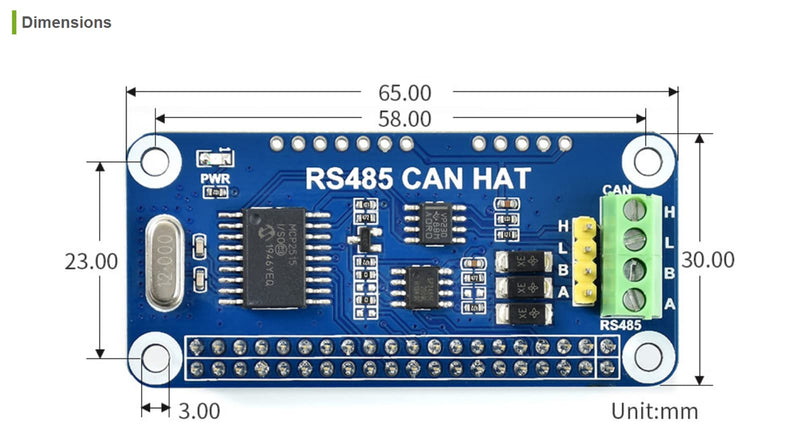  [AUSTRALIA] - RS485 CAN HAT for Raspberry Pi 4 3/2/1 Model B B+ A+, Onboard CAN Controller MCP2515 via SPI Interface, Transceiver SN65HVD230 and SP3485, Allow Long-Distance Communication via RS485/CAN Function