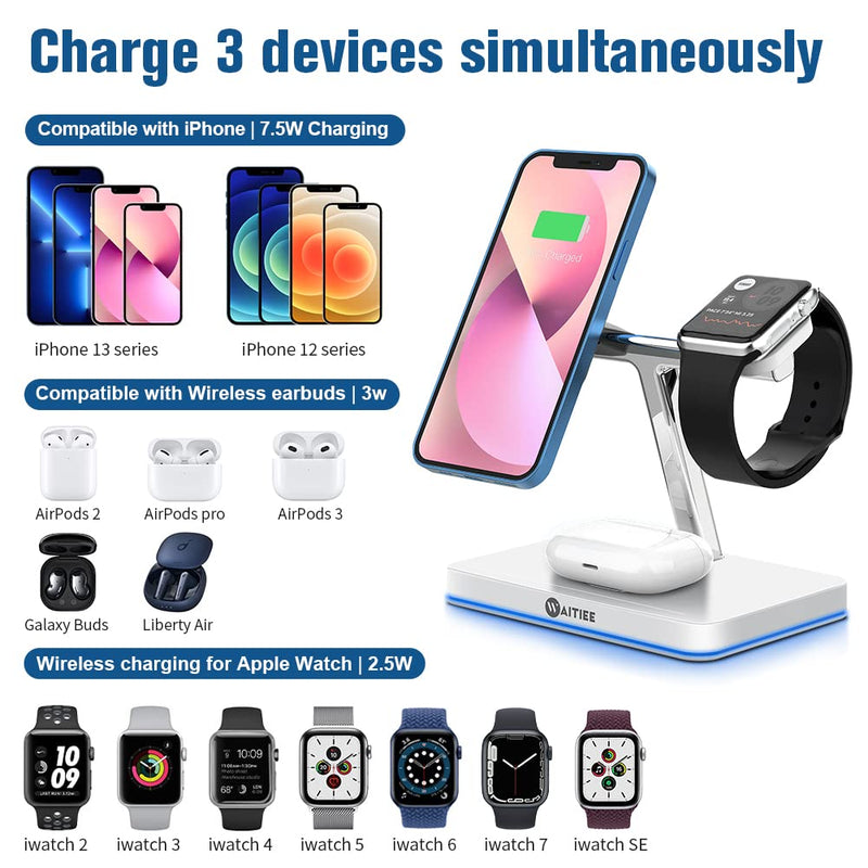  [AUSTRALIA] - WAITIEE 3 in 1 Magnetic Charger Wireless Charging Station Compatible with iPhone 13/13pro/13 promax/13mini/12/12 Pro/12 Pro Max/12 Mini,iWatch SE/6/5/4/3/2, Airpods 2/Pro with QC 3.0 Adapter white