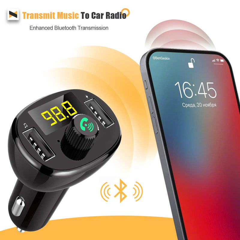  [AUSTRALIA] - AZWang Bluetooth Car Adapter,Handsfree Call Car Charger FM Transmitter for Car Aux Car Kits Hands Free Calling Dual USB Charging Ports… (Black) Black