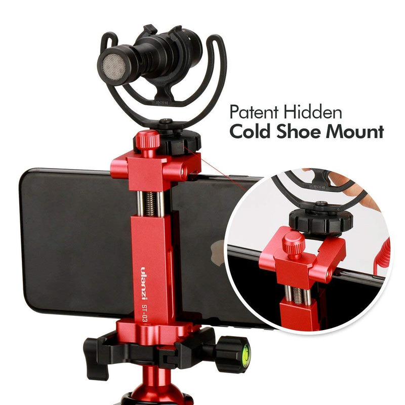  [AUSTRALIA] - Ulanzi ST-03 Metal Smart Phone Tripod Mount with Cold Shoe Mount C/W Arca-Style Quick Release Plate for iPhone 12 Pro 11 Xs X 8 7 Plus Samsung Huawei, Cell Phone Tripod Holder Clip Adapter Red