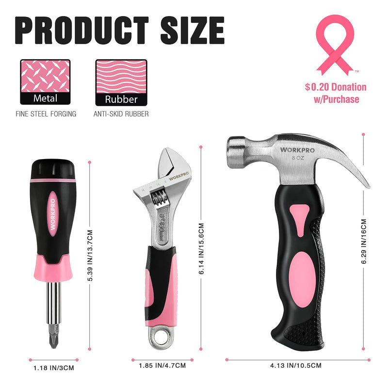  [AUSTRALIA] - WORKPRO 10-piece Pink Tool Kit, Household Tools Set with Screwdriver Bits Holder Set, Adjustable Wrench and Stubby Claw Hammer-Pink Ribbon