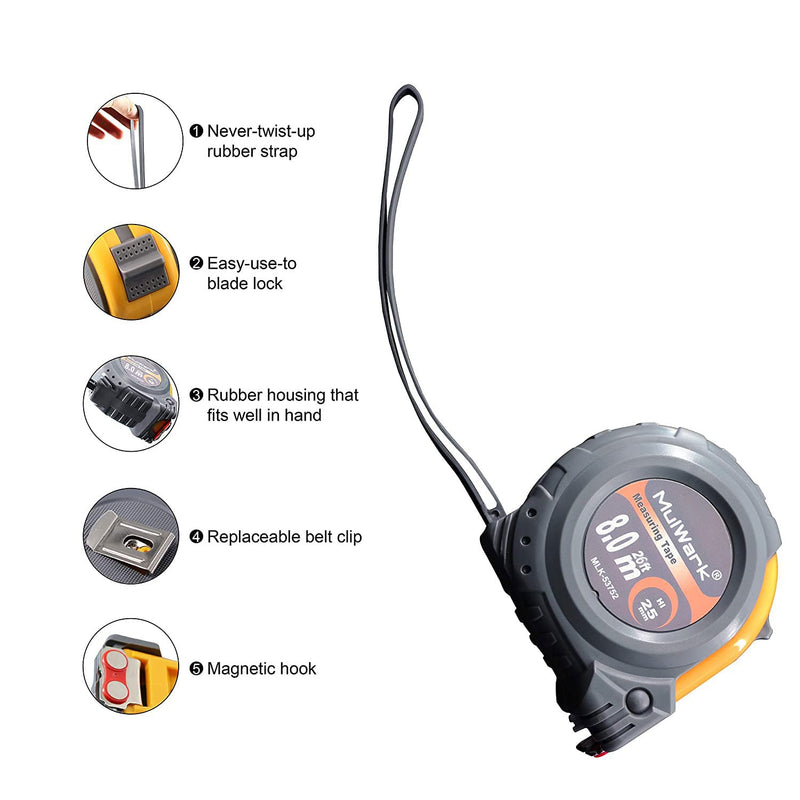  [AUSTRALIA] - MulWark 26ft Measuring Tape Measure by Imperial Inch Metric Scale with Both-Side Metal Blade,Magnetic Tip Hook and Shock Absorbent Case-for Construction,Contractor,Carpenter,Architect,Woodworking