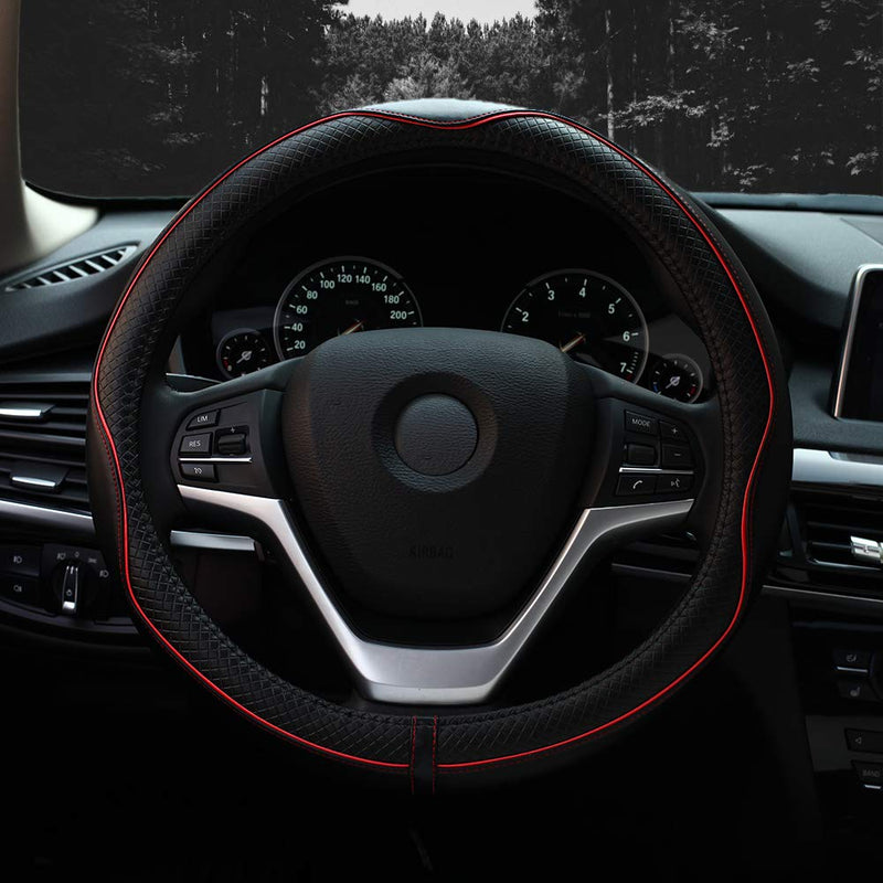 Valleycomfy 15.75 inch Auto Car Steering Wheel Covers Black with Red Lines- Genuine Leather for F-150 Tundra Range Rover. L(15"1/2-16") - LeoForward Australia