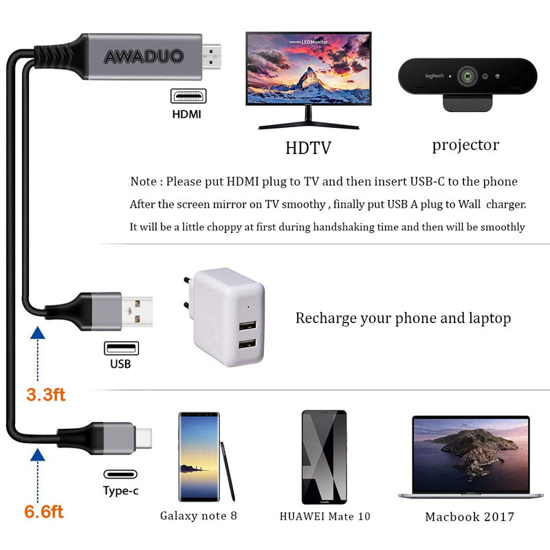  [AUSTRALIA] - USB C to HDMI Adapter with Charging Cable, AWADUO Type c to HDMI Adapter 4K 30Hz Compatible with MacBook 2018 iPad Pro,iMac,ChromeBook Pixel,Galaxy S9 Note9 S10 Surface Book Pro- 6.6FT (6.6FT, Black)
