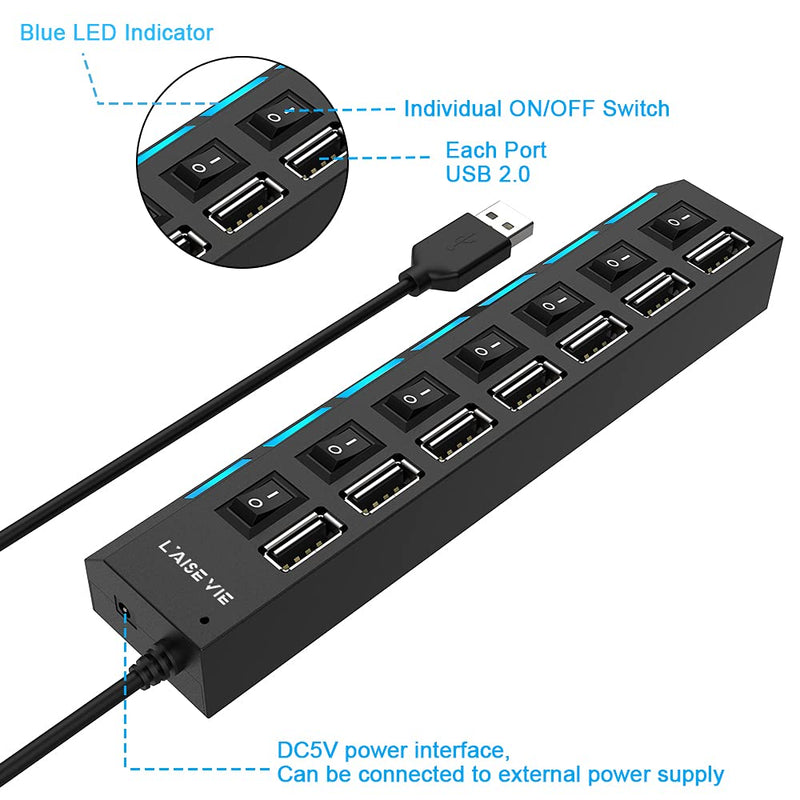 Multi Port USB Splitter, 7 in 1 USB 2.0 Hub with High Speed Individual ON/Off Switches with LEDs - LeoForward Australia
