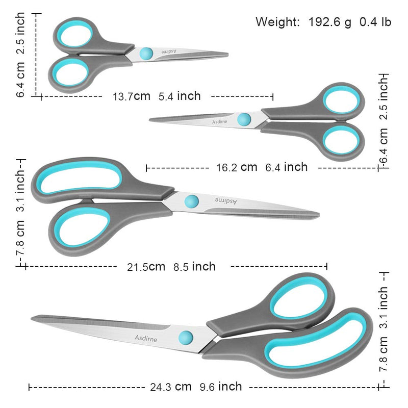  [AUSTRALIA] - Asdirne Scissors Set of 4, Premium Stainless Steel Razor Blades, Ergonomic Semi-Soft Rubber Grip, Suitable for School, Office and Family Daily Use, 9.6''/8.5''/6.4"/5.4", Blue&Gray Ordinary