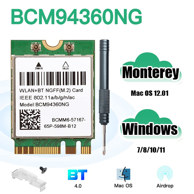  [AUSTRALIA] - BCM94360NG NGFF M.2 2230 WiFi Card 802.11ac 1200Mbps Adapter for macOS BCM94360CS Wireless Card Original M.2 Card Plug and Play for AirDrop Continuity Handoff Better BCM94352Z DW1560 for Intel NUC