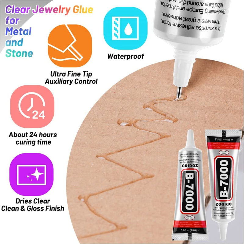  [AUSTRALIA] - B7000 Glue Clear for Rhinestones, Cridoz Jewelry Glue Crafts Adhesive Fabric Glue with Precision Tips Dotting Stylus and Tweezers for Nail Art, Glasses, Metal and Stone(2pcs 0.9 fl oz)