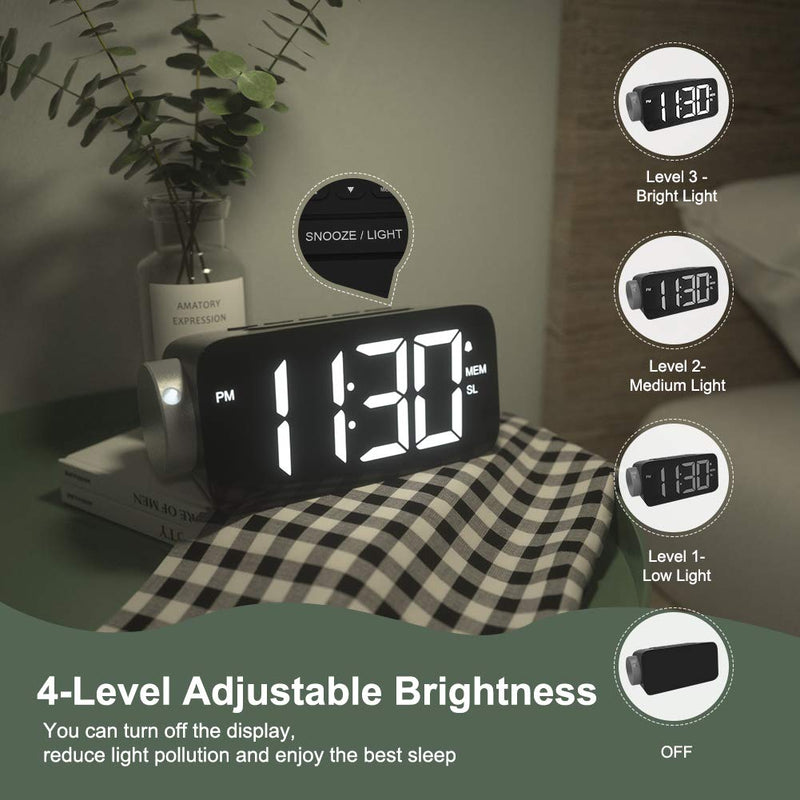  [AUSTRALIA] - YISSVIC Projection Alarm Clock Radio Digital Alarm Clocks for Bedrooms 6.3" Screen Led Clock with USB Charger 4 Dimmer 12/24 Hour Switch 180° Rotation Projection on Ceiling Wall Projection Color