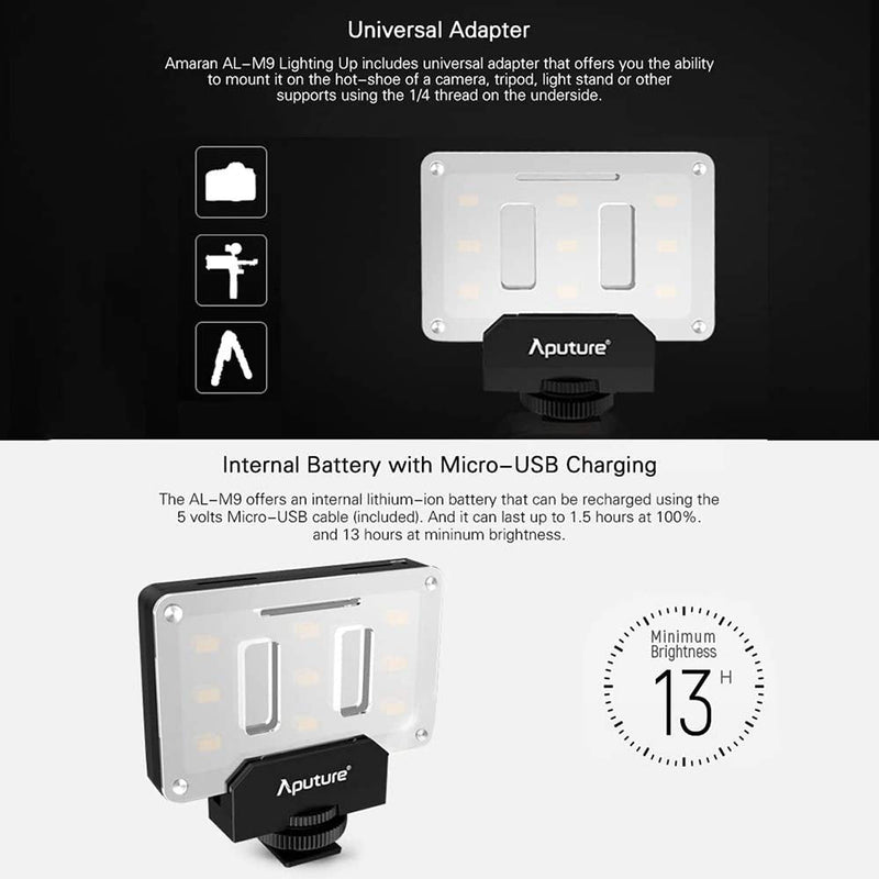  [AUSTRALIA] - Aputure Amaran AL-M9 LED Light Built in Battery Pockable Mini TLCI/CRI 95+ On-Camera Video Lights 9pcs SMD Lighting for DSLR Camera
