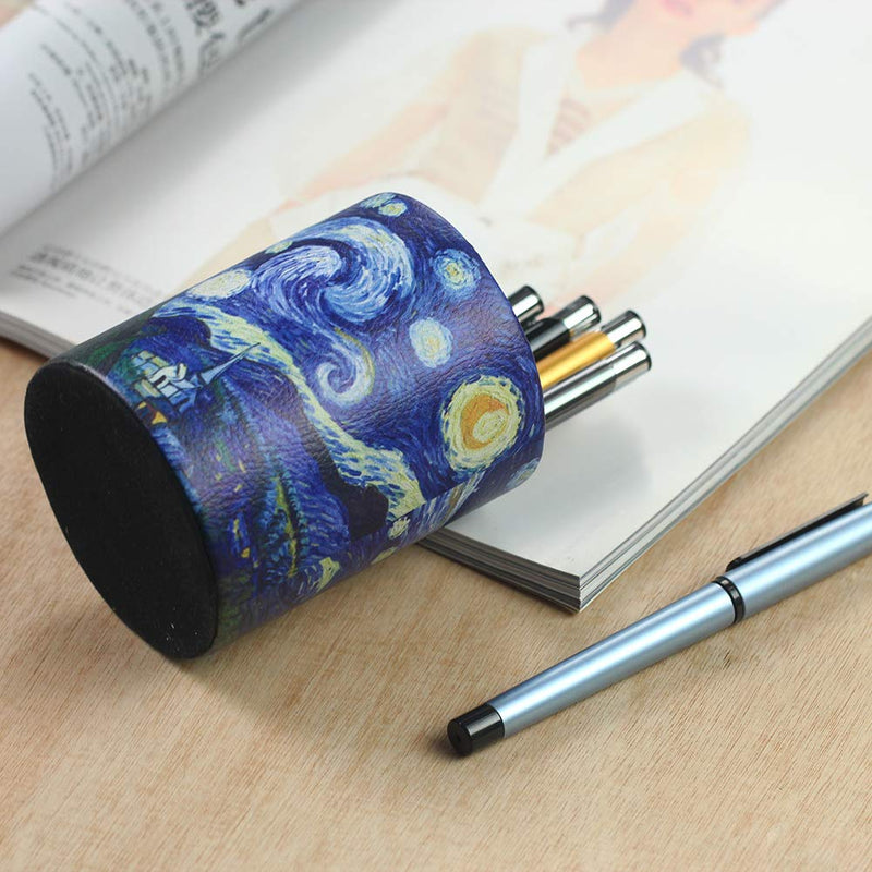 LIZIMANDU PU Leather Pencil Pen Holder,Round Pencil Cup Stationery Desk Organizer Control Storage Box for Home Office Bedroom(1 Pack,1-Starry Sky) 1-starry Sky - LeoForward Australia