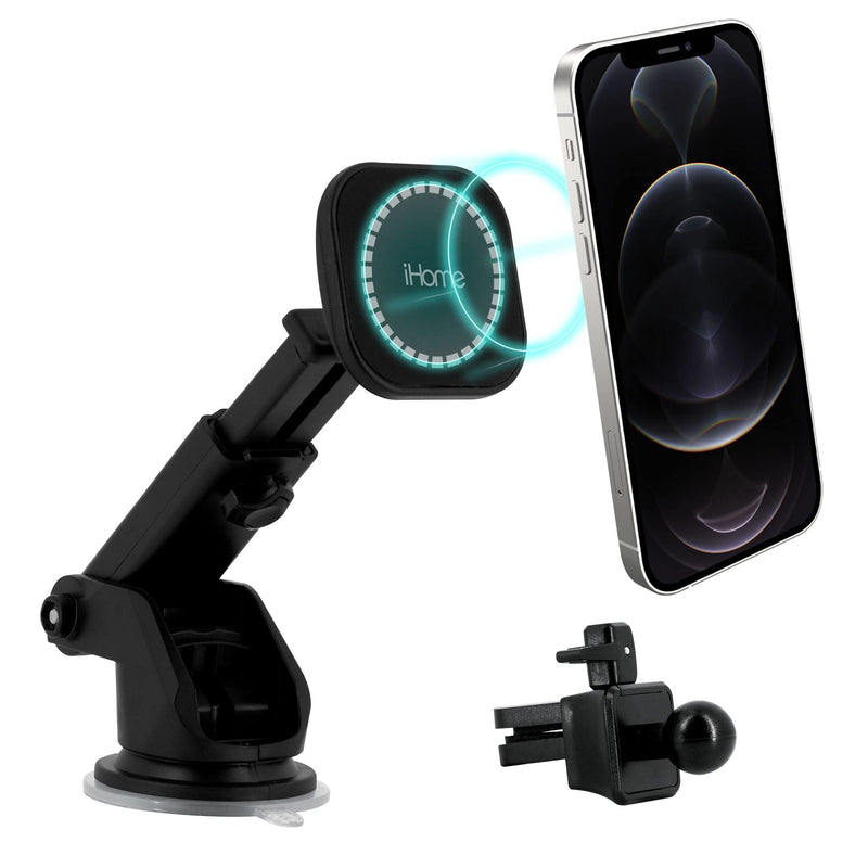  [AUSTRALIA] - iHome 2-1 Magnetic Dash & Air Vent Car Mount Bundle, for iPhone 12/13, Compatible with MagSafe Cases, Black