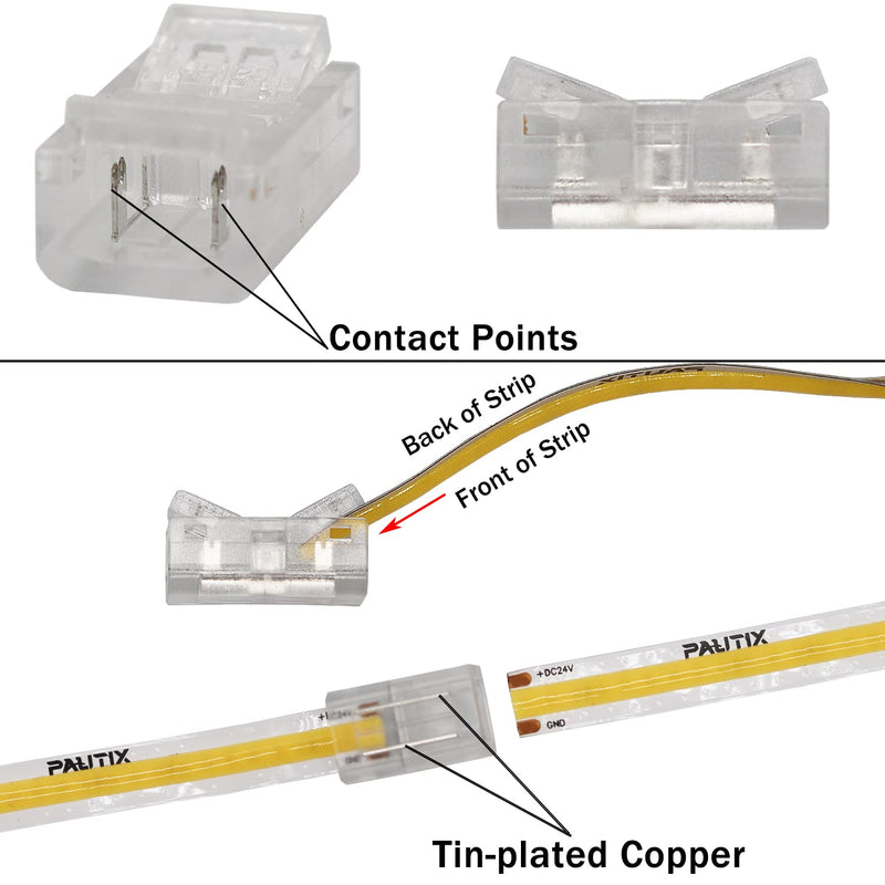  [AUSTRALIA] - COB LED strip connector set for 8mm width COB strip 2Pin, 4 pieces transparent center connectors, 2 pieces L-shape, 1 piece T-shape and 4 pieces dual-end extension wires 15cm with 1 piece DC 8mm COB connector upgraded