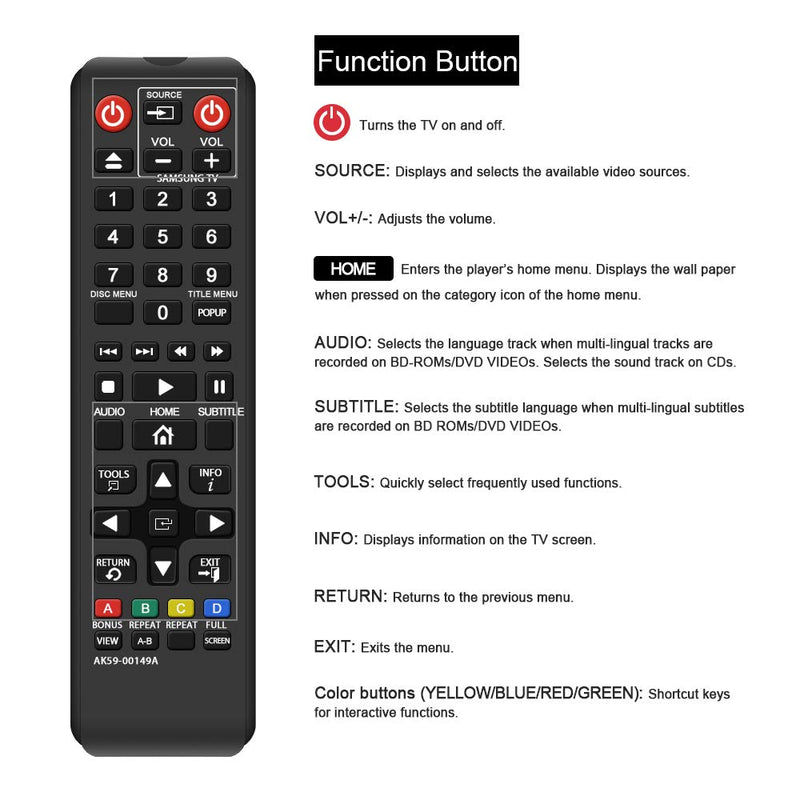 Gvirtue AK59-00149A Remote Replacement for Samsung DVD BD Blu-Ray Disc Player Remote, Applicable BDF5100/ZA BD-ES5300 BD-FM51 BD-FM57C BD-H5100 BD-H5900 BD-HM51 BD-HM59 BD-J5100 BD-J5700 BD-J5900 - LeoForward Australia