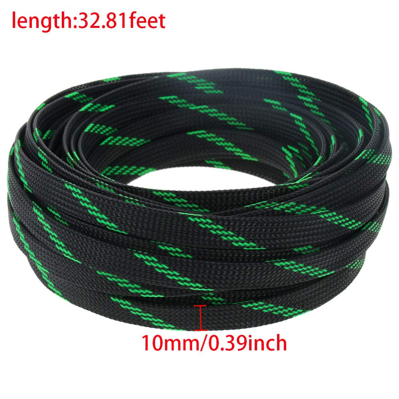  [AUSTRALIA] - Bettomshin 1Pcs Length 32.81Ft PET Braided Cable Sleeve, Width 10mm Expandable Braided Sleeve for Sleeving Protect Electric Wire Electric Cable Black Fluorescent Green