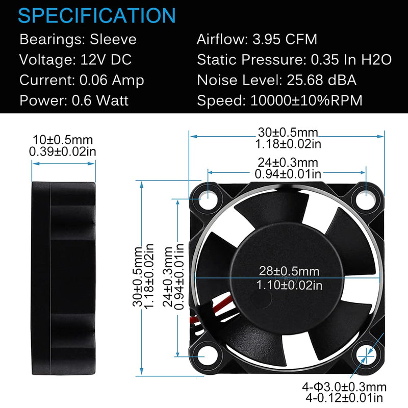  [AUSTRALIA] - GDSTIME 30mm x 30mm x 10mm 1 inch Small 12V DC Brushless Cooling Fan