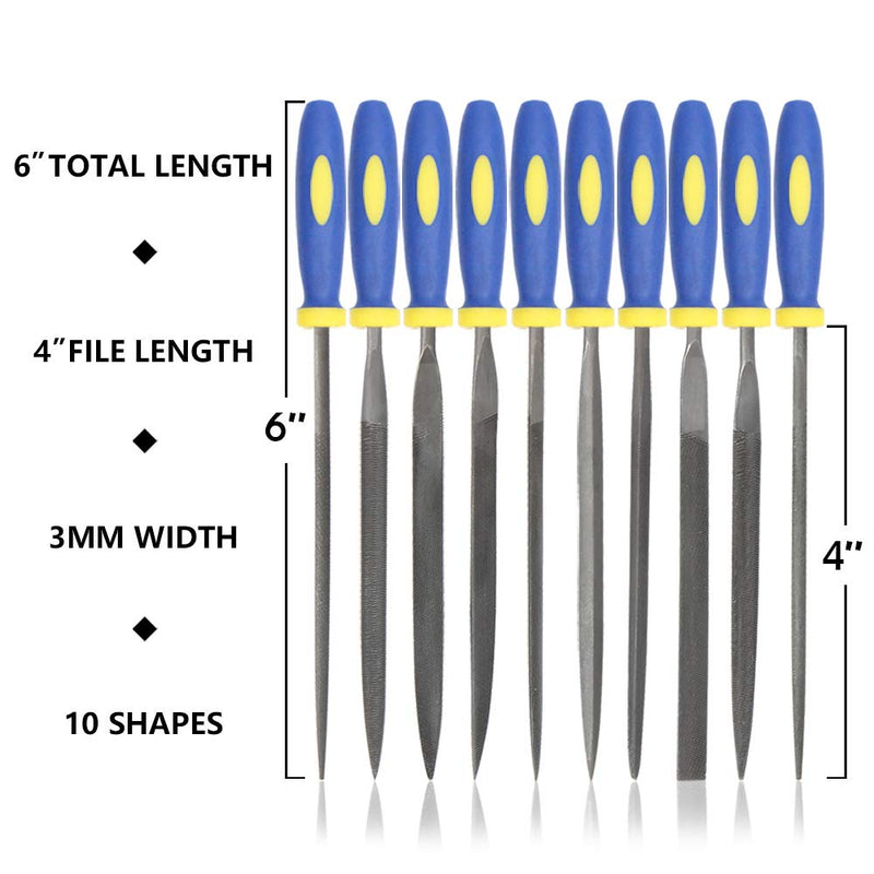  [AUSTRALIA] - KALIM 10PCS Needle File Set High Carbon Steel File Set with Plastic Non-Slip Handle, Hand Metal Tools for Wood, Plastic, Model, Jewelry, Musical Instrument and DIY (6 Inch Total Length) 6'' Total Length with Handle, 3mm diameter