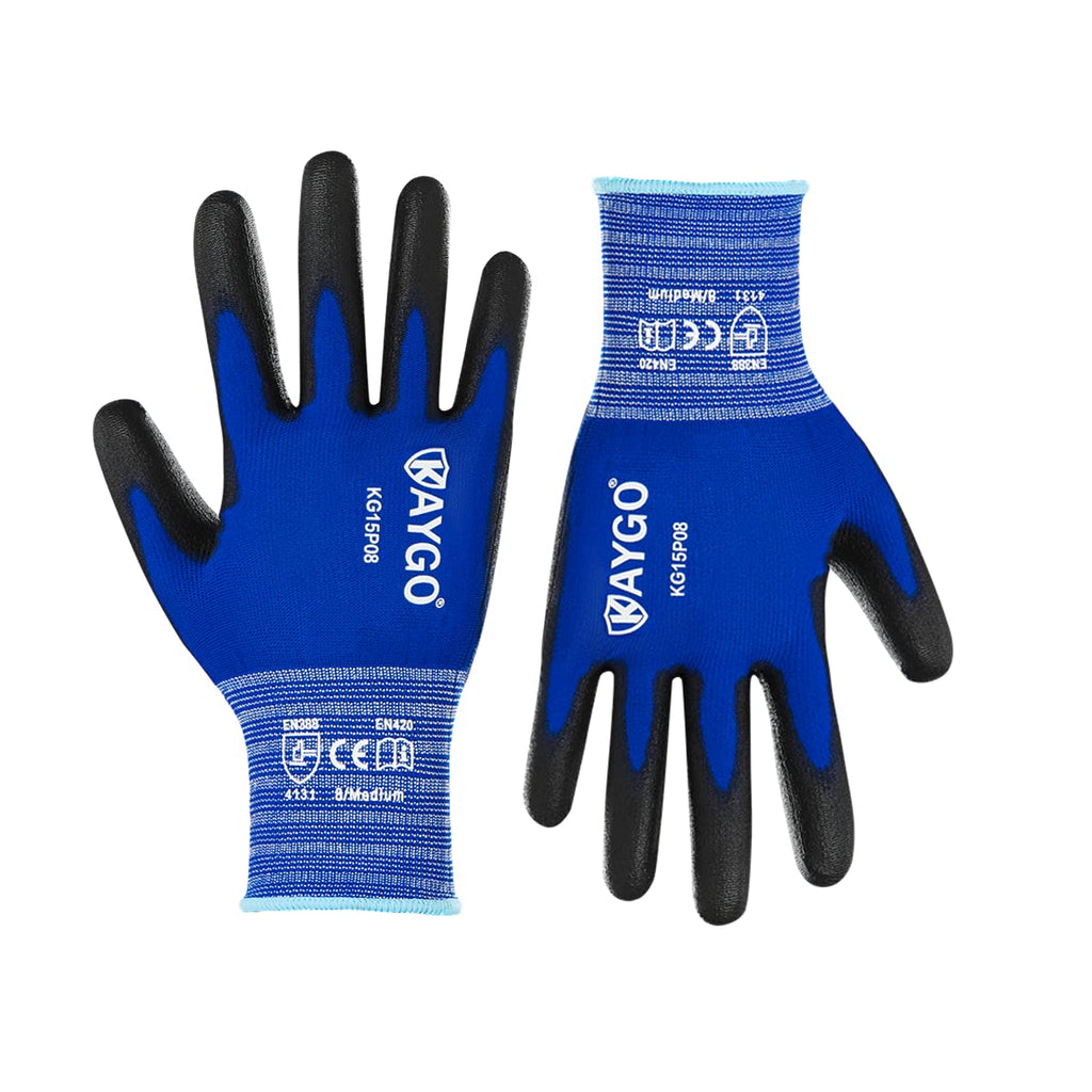  [AUSTRALIA] - Work Gloves PU Coated-12 Pairs,KAYGO KG15P,Nylon Lite Polyurethane Safety Work Gloves, Gray Polyurethane Coated, Knit Wrist Cuff,Ideal for Light Duty Work (Medium, Blue) Medium (Pack of 12)