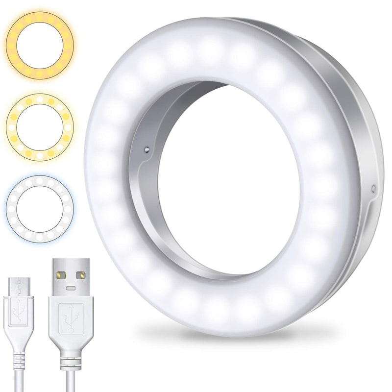  [AUSTRALIA] - Meifigno Selfie Ring Light [3 Light Modes] [Rechargeable], Clip on Phone Camera LED Light, Adjustable Brightness Selfie Circle Light Designed for iPhone X Xr Xs 11 12 Pro Max Android iPad Laptop