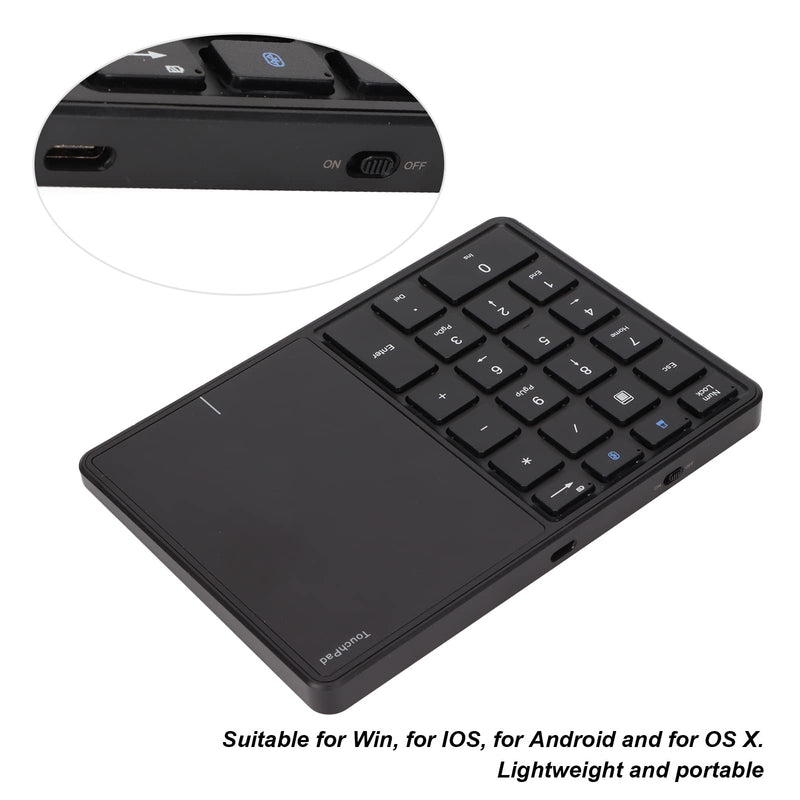  [AUSTRALIA] - Bluetooth Number Pad for Laptop, 2 in 1 Wireless Number Pad with Touchpad 22 Keys BT4.2 2.4G Type C Charging 500mAh Battery Numeric Keypad(Black) black