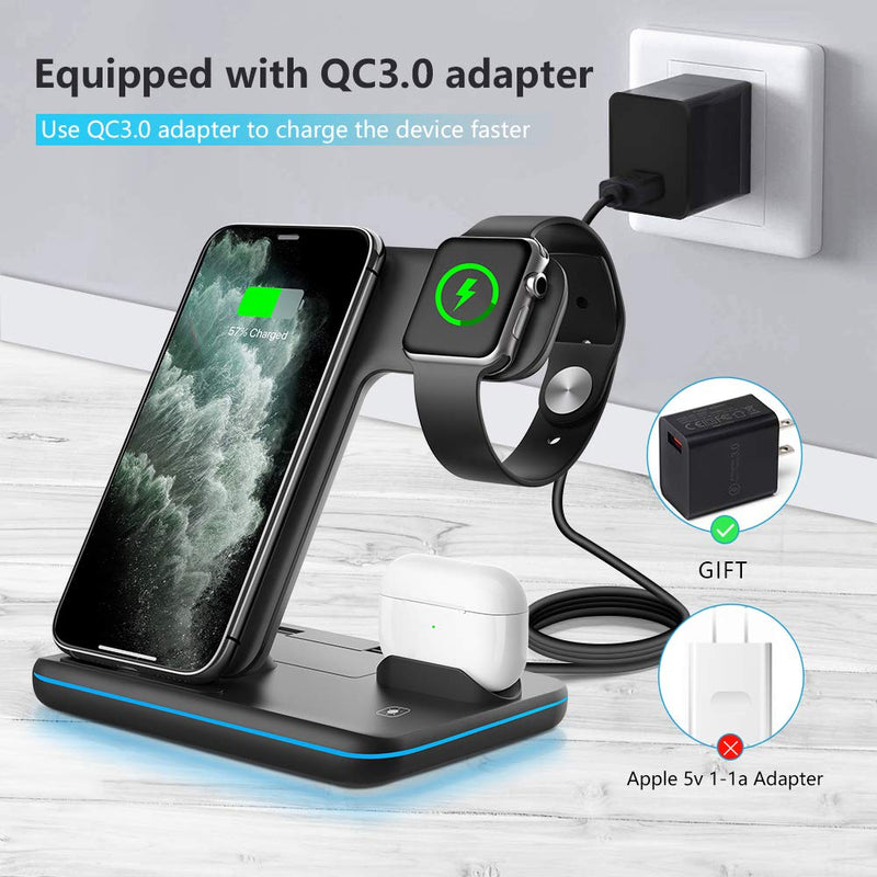  [AUSTRALIA] - WAITIEE Wireless Charger 3 in 1, 15W Fast Charging Station for Apple iWatch SE/6/5/4/3/2/1,AirPods Pro, Compatible with iPhone 13/12/12 Pro Max/11 Series/XS Max/XR/XS/X/8/8 Plus/Samsung Galaxy (Black) Black