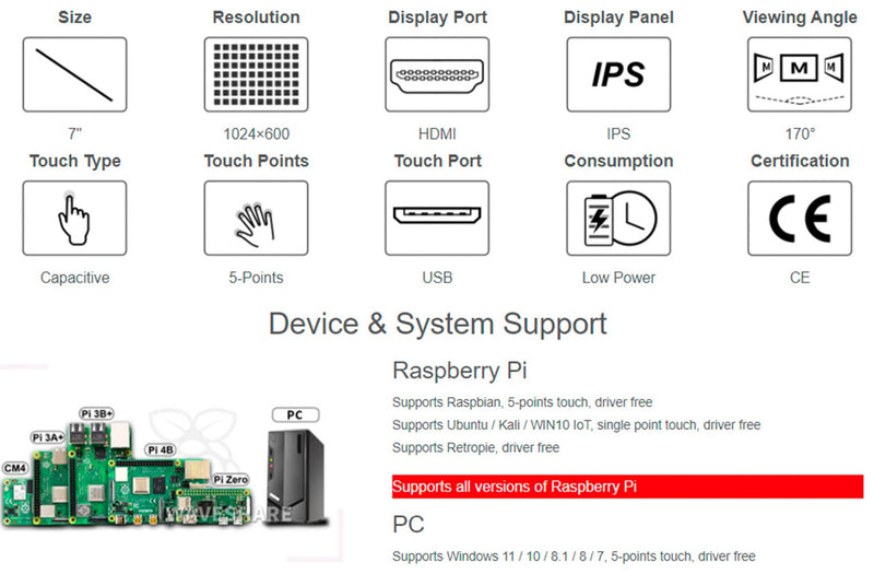  [AUSTRALIA] - 7inch HDMI LCD IPS Capacitive Touch Screen 1024×600 Display Monitor for All Rev Raspberry Pi 4B/3B+/3B/2B/B+/A+/Zero,BeagleBone Black Windows 10/8.1/8/7