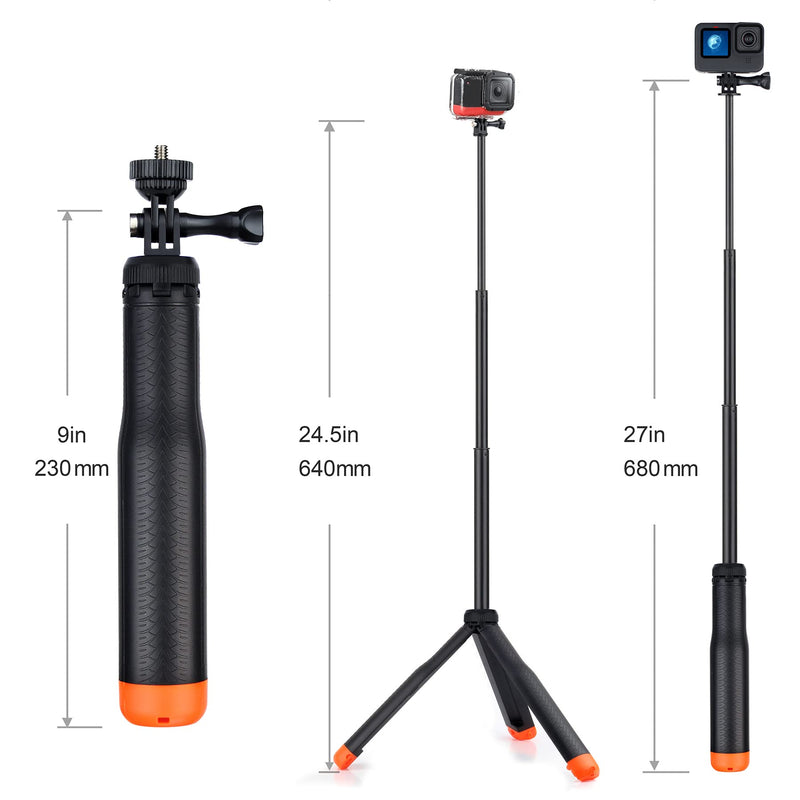  [AUSTRALIA] - GEPULY Waterproof Telescopic Selfie Stick Floating Hand Grip Tripod for GoPro Hero 10 9 8 7 6 5 4 3 2, Fusion, Max, OSMO and Most Action Cameras - Features as Floating Pole, Hand Grip, Monopod, Tripod Floating Tripod Pole for Action Camera
