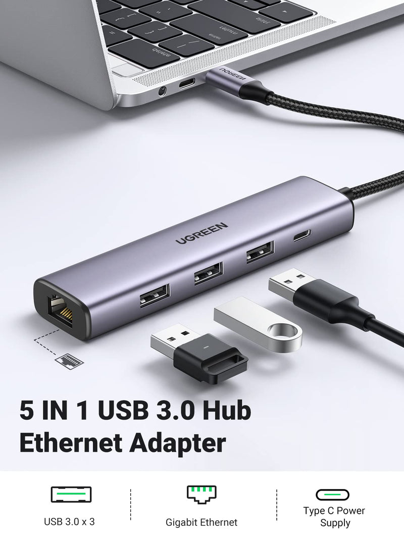  [AUSTRALIA] - UGREEN USB 3.0 to Ethernet Adapter 5 in 1 Multiport Hub with Gigabit RJ45 and Type-C Power Port LAN Network Adapter Compatible with Laptop PC MacBook Mac Mini Surface XPS Windows Linux MacOS, and More