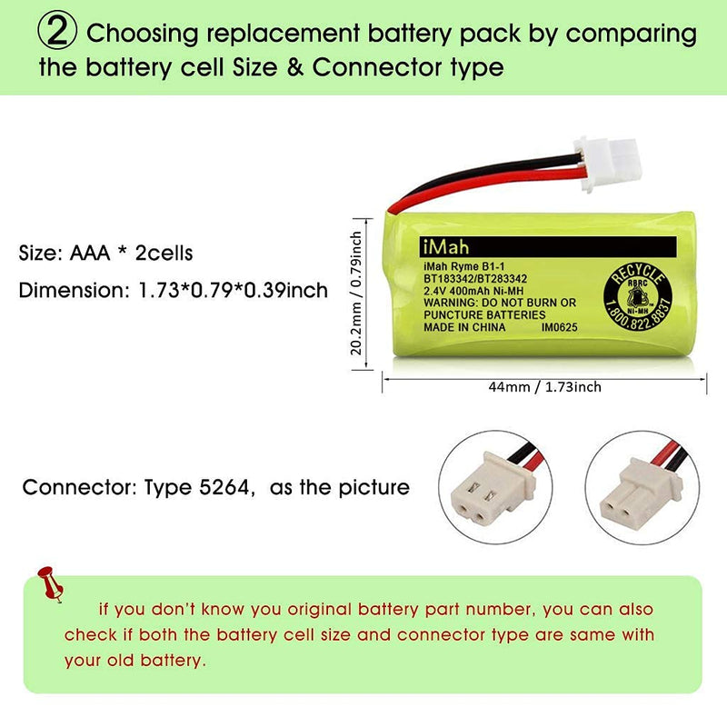  [AUSTRALIA] - iMah BT183342/BT283342 2.4V 400mAh Ni-MH Battery Compatible with AT&T CL82207 EL52100 EL50003 VTech CS6709 CS6609 CS6409 BL102-3 Handset Replace Battery BT166342 BT266342 BT162342 BT262342, 2-Pack