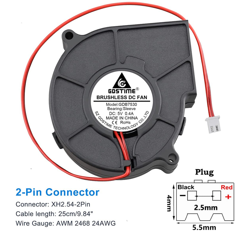  [AUSTRALIA] - GDSTIME 7530 Blower Fan, 75mm Blower Fan, 75mm x 30mm 5V 2PIN DC Brushless Cooling Blower Fan