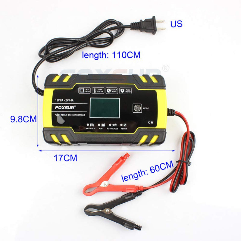 Automatic Smart Battery Charger/Maintainer 12V/8A 24V/4A Pulse Repair Charger with LCD Display for Golf Cart Motorcycle Car Marine Truck Yacht Mower, Auto-Voltage Detection, Finger Touch Charging Mode - LeoForward Australia