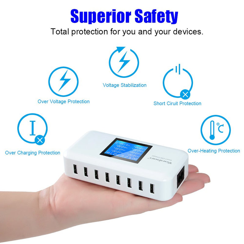  [AUSTRALIA] - Multiple USB Charger, 60W/12A 8-Port Desktop Charger Charging Station Multi Port Travel Fast Wall Charger Hub with LCD for Smart Phones, Tablet and More (White)
