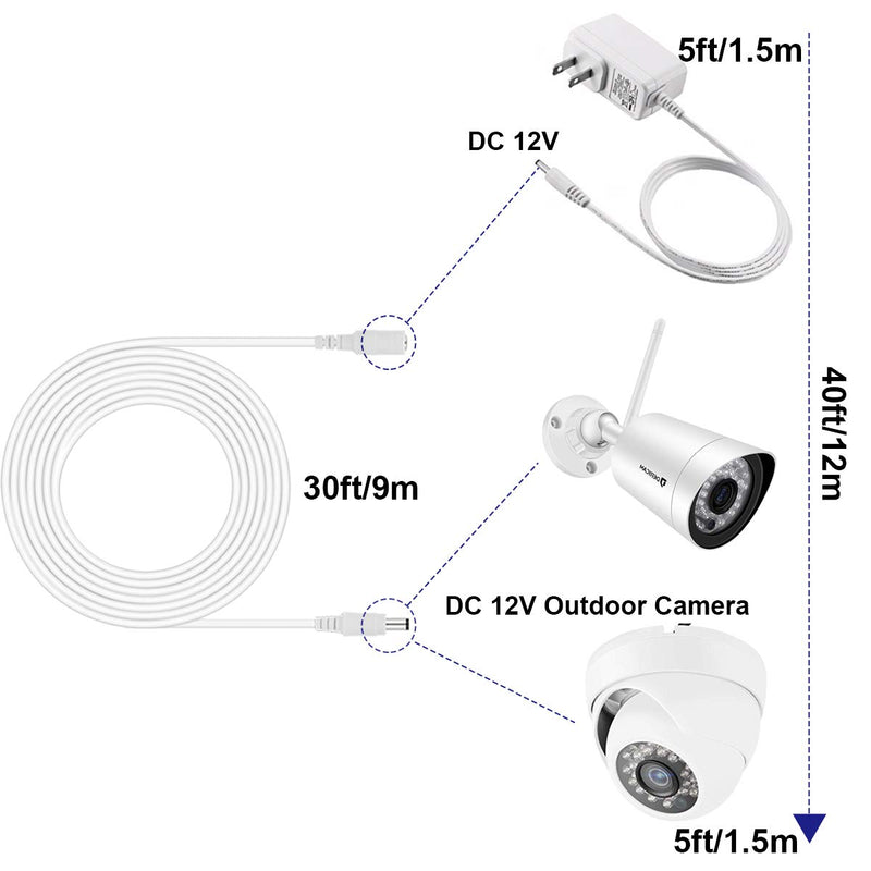 Dericam Universal 30ft Power Extension Cable, DC 12 Volt Power Adapter Extension Cord, Extend Additional 30ft/9 Meters Length for DC 12V Power Adapter or Wall Charger, 5.5mm DC Plug, 12V-9M, White - LeoForward Australia