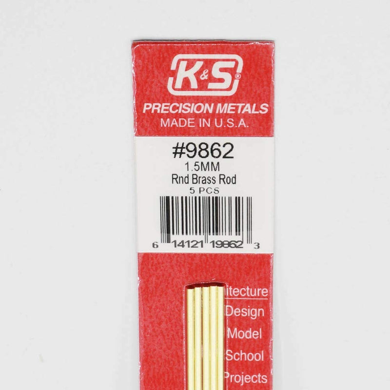 K&S Precision Metals 9862 Round Brass Rod, 1.5mm Diameter X 300mm Long, 5 Pieces per Pack, Made in The USA - LeoForward Australia