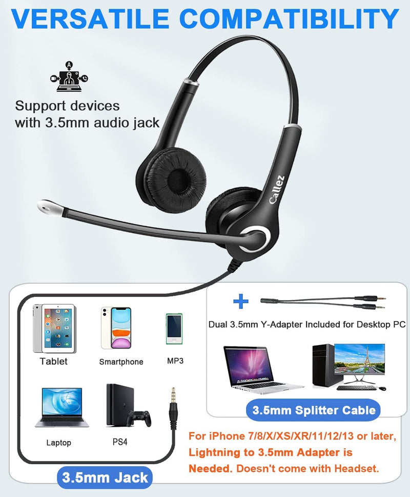  [AUSTRALIA] - Callez 3.5mm Cell Phone Headset with Microphone Noise Cancelling for iPhone Samsung Smartphones Tablets, Computer Headset for Laptop PC Skype Call Center Office Classroom, Super Comfort, Clear Chat Black