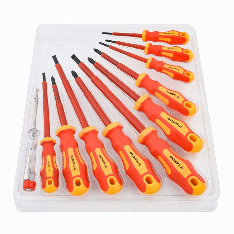 Gunpla 11 Pieces VDE Insulated Screwdriver Set, 1000V with Black Tip Magnetic, TPR Handle Electrician Soft-Grip Slotted Phillips and Pozi Tools with Safety Tester for Electrician Repair - LeoForward Australia