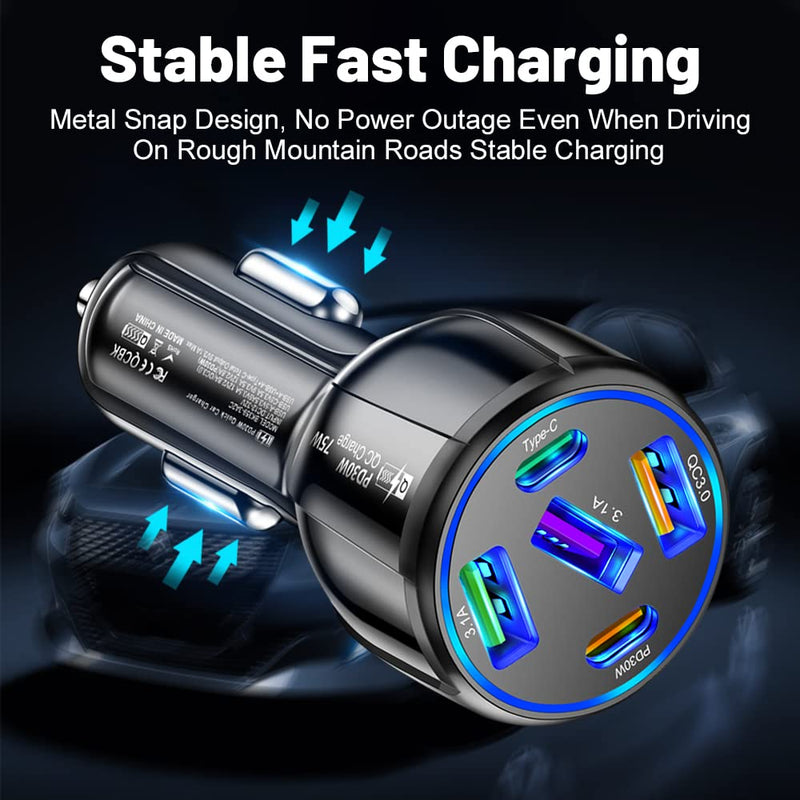  [AUSTRALIA] - 75W USB C Car Charger, PD30W &QC3.0 Fast Charging Car Charger Adapter, 5 Multi Port Type C Cigarette Lighter USB Charger, Car Phone Charger for iPhone/Android/Samsung Galaxy S10 S9 Plus (Black) Black