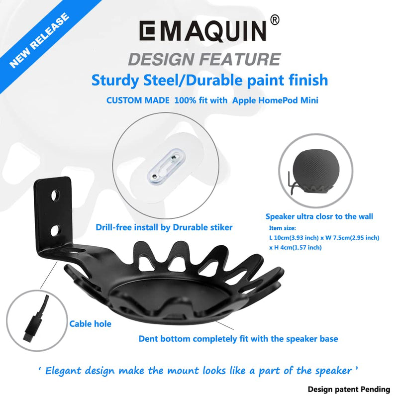  [AUSTRALIA] - EMAQUIN Wall Mount Bracket for Homepod Mini (Drill Free,Sturdy Metal,Durable Paint Finish,Easy Install on The Wall,Compatible with Homepod Mini, Black) Single pc