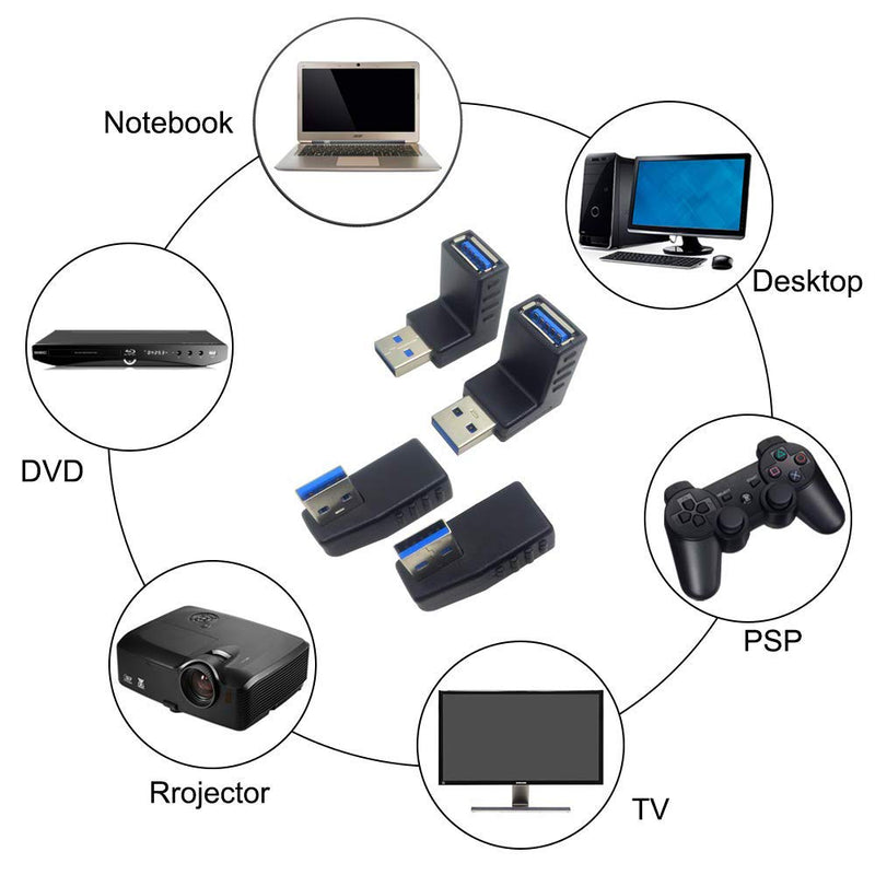  [AUSTRALIA] - 4PCS USB 3.0 Adapter Couplers 90 Degree Male to Female,USB Connector Extender Plug Coupler Extender - Including Left,Right,Up,Down Angle Adapter