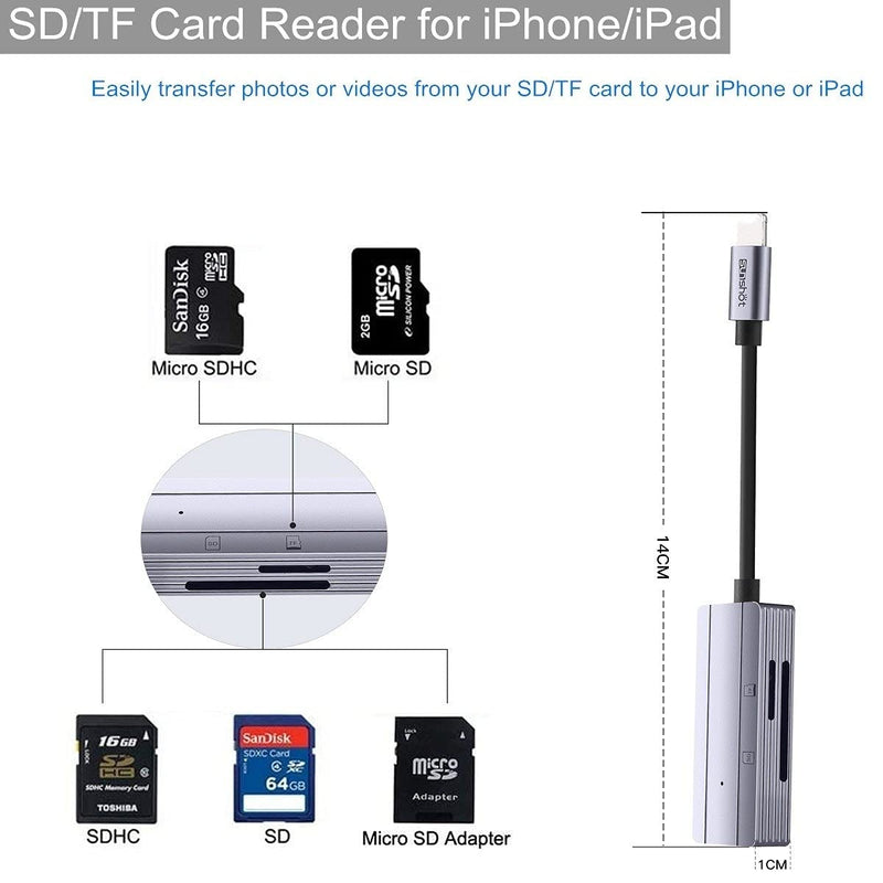 sunshot SD/TF Card Reader for iPhone/iPad, Portable Memory Card Camera Reader Adapter Supports SD/TF Card Reading Plug and Play, No App Required, High Transfer Speed (Grey) - LeoForward Australia