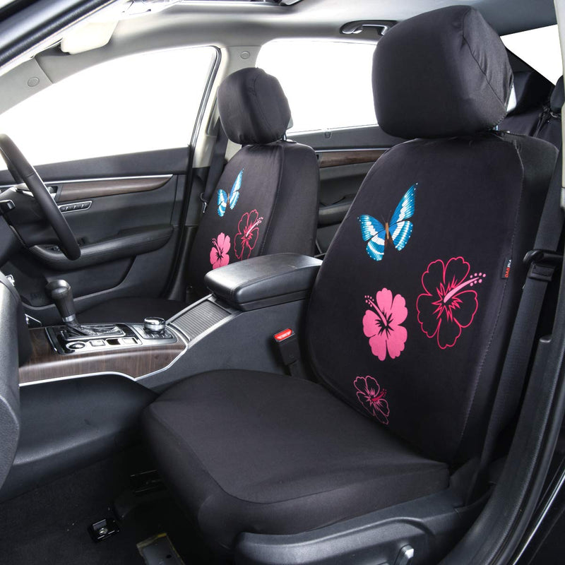  [AUSTRALIA] - CAR PASS Flower and Butterfly Universal Car Seat Covers, Suvs,sedans,Vehicles,Airbag Compatible (6PCS, Black and Pink) 6PCS
