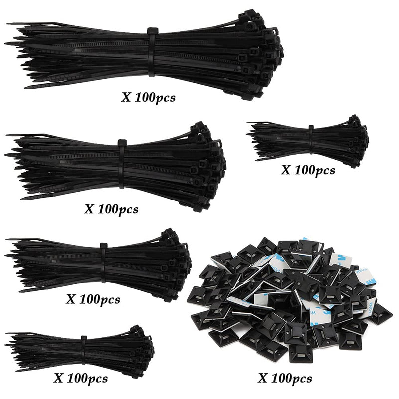  [AUSTRALIA] - BUYGOO 500Pcs Cable Zip Ties, Black Cable Ties, Heavy Duty Zip Ties Black, Zip Ties Assorted Sizes with 100Pcs Cable Tie Mounts, Perfect for Home, Office, Garage and Workshop