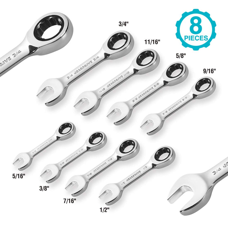 GEARDRIVE Stubby Ratcheting Combination Wrench Set, SAE, 8-Piece, 5/16'' to 3/4'', Chrome Vanadium Steel, with Rolling pouch - LeoForward Australia
