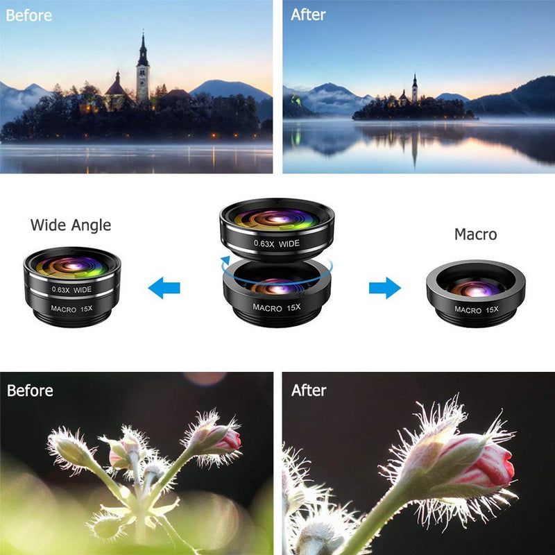  [AUSTRALIA] - Phone Camera Lens Kit, 11 in 1 Cellphone Lens Kit for iPhone and Android, 0.63X Wide Angle+15X Macro+ 198°Fisheye+Telephoto+CPL/Flow/Radial/Star/Soft Filter+Kaleidoscope Lens 11 in 1 Lens Kit