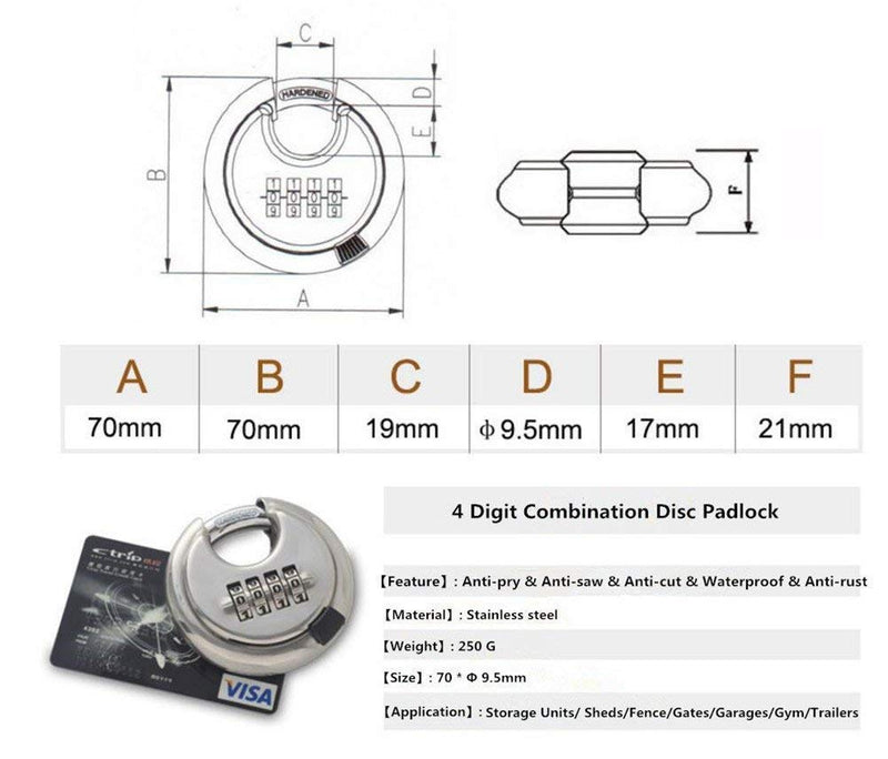  [AUSTRALIA] - Stainless Steel Discus Padlock 4 Digit (3inch) Combination Lock Outdoor for Warehouse, Sheds, Storage Locker, Units (Silver,1) Silver,1