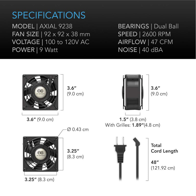  [AUSTRALIA] - AC Infinity AXIAL 9238, Muffin Fan, 120V AC 92mm x 38mm High Speed, for DIY Cooling Ventilation Exhaust Projects