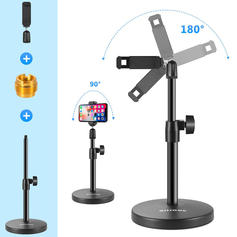  [AUSTRALIA] - BILIONE 3 in 1 Multi-Function Desktop Microphone Stand, Adjustable Table Mic Stand with Microphone Clip, Cell Phone Clip, 5/8" Male to 3/8" Female Metal Adapter