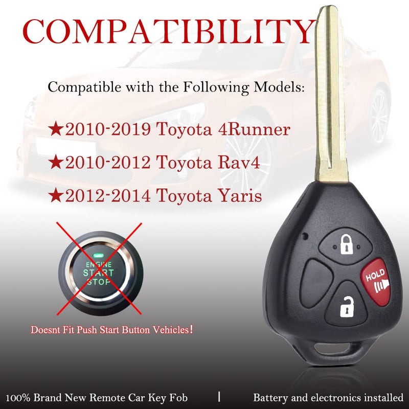  [AUSTRALIA] - Key Fob Remote Replacement Fits for Toyota 4Runner 2010 2011 2012 2013 2014 2015 2016 2017 2018 2019/Rav4 2010-2012/Yaris 2012-2014 HYQ12BBY HYQ12BDC Keyless Entry Remote Control G Chip (Pack of 2)