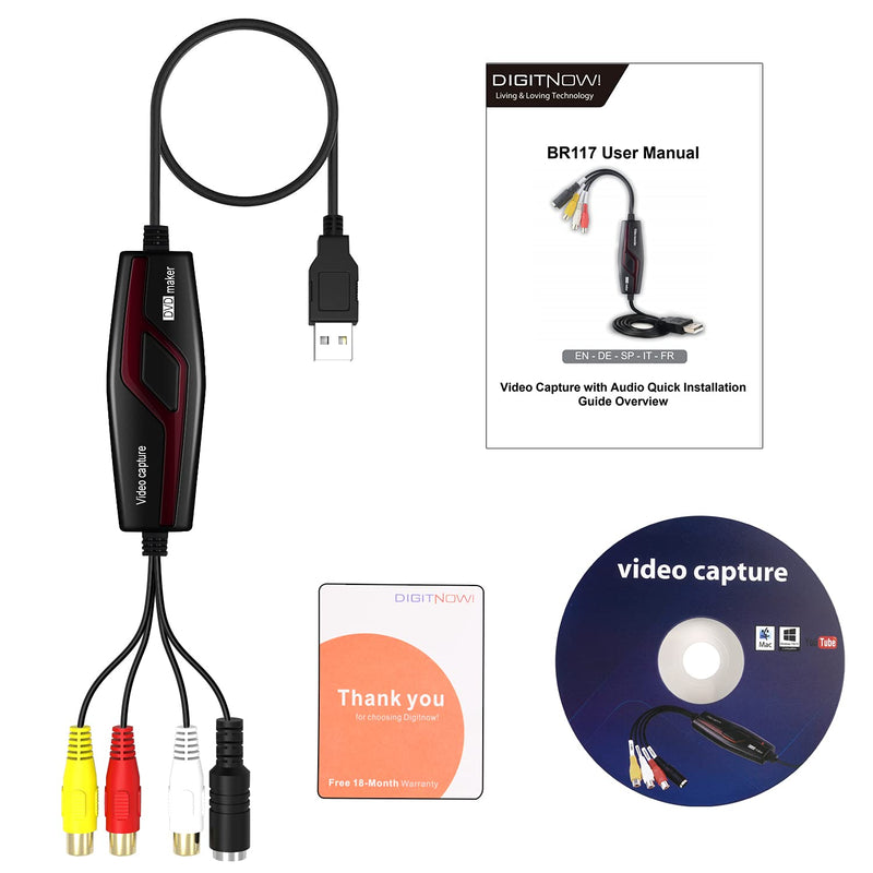  [AUSTRALIA] - DIGITNOW USB 2.0 Video Capture Card Device Converter, Easy to Use Capture, Edit and Save Analog Video to Digital Files for Your Mac OS X or Windows 7 8 10 PC, One Touch VHS VCR TV to DVD black