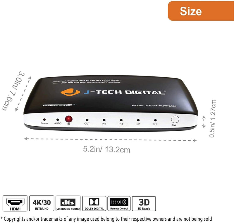 [AUSTRALIA] - J-Tech Digital 4-Port High Speed HDMI Auto Switch with PIP IR Wireless Remote and Power Adapter